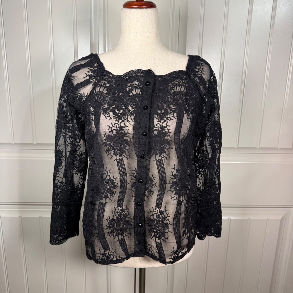 Lace Cardigan Top Black Cotton Blend Dark Romantic Sheer Floral Grunge Gothic